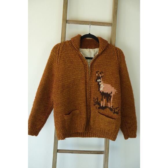 Vintage Cowichan Style Handmade Pronghorn Antelope Knit Sweater Brown Women's Sm - Picture 2 of 4